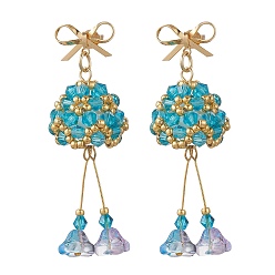 Светло-Голубой Серьги-гвоздики с рождественским колокольчиком из латуни и стекла, со стеклянными жемчужными бусинами и кубическими цирконами, золотые, Небесно-голубой, 54~56x19 мм