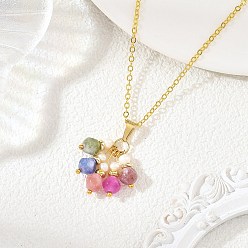 Golden Natural Multicolor Tourmaline Dice Tassel Pendant Brass Cable Chain Necklaces with Natural Pearl for Women, Colorful, Golden, 17.76 inch(45.1cm)