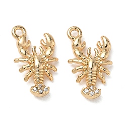Golden Brass Micro Pave Clear Cubic Zirconia Pendants, Lobster Charms, Nickel Free, Golden, 16.5x10x3mm, Hole: 1.4mm