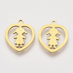 Golden 201 Edelstahl Anhänger, Laser geschnittene Anhänger, Herz mit Mädchen, golden, 18x15x1 mm, Bohrung: 1.4 mm