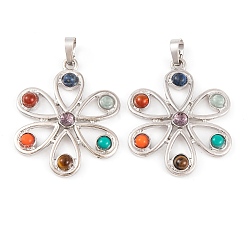 Платина Подвески из натурального тигрового глаза чакры, натурального лазурита, натурального сердолика, синтетической бирюзы и стекла, подвески в виде цветов из сплава для стойки, долговечный, без свинца и без кадмия, платина, 39.5x32.5x5 мм, отверстие : 6x5 мм