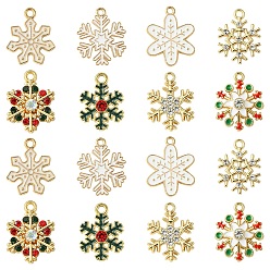 Mixed Color 16Pcs 8 Styles Alloy Enamel with Rhinestone Pendants, Christmas, Snowflake, Mixed Color, 19.5~22x14.5~16.5x1.5~3.5mm, Hole: 1.6~2mm, 2pcs/style