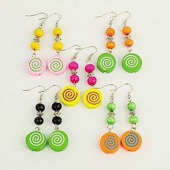 Mixed Color Dangling Wood Earrings, with Tibetan Style Beads and Brass Earring Hooks, Mixed Color, 62mm
