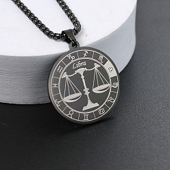 Весы 201 ожерелья из нержавеющей стали с цепочкой из сплава, чёрные, плоский круглый узор созвездия, Весы, 23.62 дюйм (60 см)