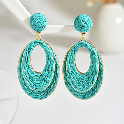 Бирюза Овальные серьги-гвоздики из рафии, золотые, бирюзовые, 70x34 мм