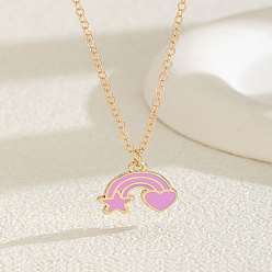 Pearl Pink Alloy Enamel Star Heart Rainbow Pendant Cable Chain Necklaces for Women, Golden, Pearl Pink, 15.75 inch(40cm)