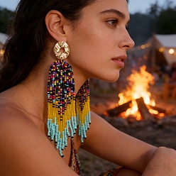 Разноцветный Богемные акриловые серьги-гвоздики, плоский круглый с кисточкой, красочный, 140x35 мм