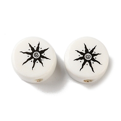 Black Printed Handmade Porcelain Beads, Flat Round with Sun, Black, 11x6mm, Hole: 2mm