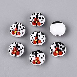 Blanc Fait main perles au chalumeau cahoteuses, coléoptère à motif floral, blanc, 14.5x9~11mm, Trou: 1~1.4mm