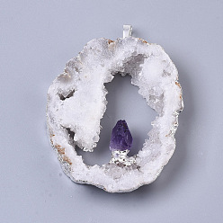 Amethyst Natural Druzy Agate Big Pendants, Edge Platinum Plated, with Natural Amethyst and Iron Snap on Bails, Nuggets, 37~71x29~55x9~15mm, Hole: 4x6mm