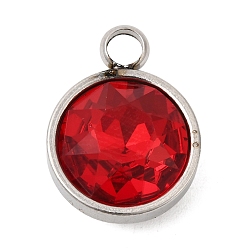 Красный Тема камней-талисманов января 304 подвески из нержавеющей стали, плоский круглый шарм, с k 9 стеклом, полировка, граненые, красные, 16x12x7.3 мм, отверстие : 2.6 мм