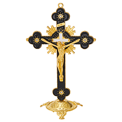 Noir Statue de croix crucifix en alliage émaillé à caractère religieux, pour la décoration de bureau à domicile, or, noir, 85x51.5x135mm