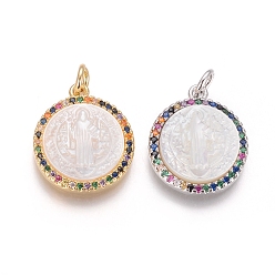 (52) Непрозрачная лаванда Латунные подвески, с микро проложить кубического циркония, раковины и прыжковые кольца, плоские круглые с святым Бенедиктом, красочный, разноцветные, 18x15x3 мм, отверстие : 3 мм