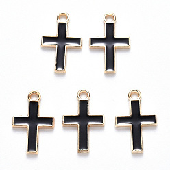 Black Alloy Enamel Pendants, Cross, Light Gold, Black, 16x10x1mm, Hole: 1.6mm