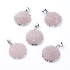 Розовый Кварц Природного розового кварца подвески, с настройками кулона из латуни платинового тона, плоские круглые с деревом, 28~29x24~25x6~7 мм, отверстие : 6x4 мм