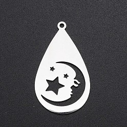 Stainless Steel Color Non-Tarnish 201 Stainless Steel Pendants, Laser Cut, Teardrop with Moon & Star, Stainless Steel Color, 38x22x1mm, Hole: 1.8mm
