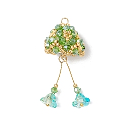 Желто-Зеленый Стеклянные подвески, Рождественский колокольчик, со стеклянными жемчужными бусинами и 304 петлей из нержавеющей стали, граненые, желто-зеленый, 46x19 мм, отверстие : 2 мм