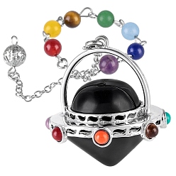 (946F)Морозный цвет внутри  Жонкиль / Непрозрачная зеленая подкладка Маятники для биолокации в форме инопланетного космического корабля из натурального черного агата (окрашенного и нагретого), с 7 бусинами из чакрального камня, для лозоходства и гадания, 220 мм