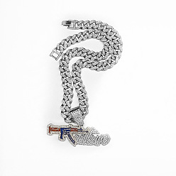 Платина Подвеска в стиле хип-хоп из цинкового сплава, полностью покрытая кристаллами и стразами, эмаль, в форме пистолета, кубинская цепочка для мужчин., платина, 19.69 дюйм (50 см)