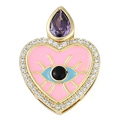 Настоящее золото 18K Стойка металлическая латунная микропрофилированная кубическая циркония подвески, с эмалью, долговечный, без свинца и без кадмия, Сердце с глаз, реальный 18 k позолоченный, 24x18x5 мм, отверстие : 4.5x2 мм