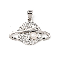 Платина Латунные микро проложить кубического циркония подвески, с пластиковыми бусинами, имитирующими жемчуг, планета, стойки покрытие, долговечный, без свинца и без кадмия, платина, 15x22.5x5 мм, отверстие : 5x2 мм