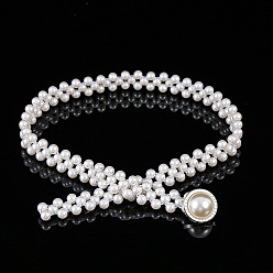 Плоский Круглый Эластичные цепочные ремни из белого акрила с жемчужными бусинами и пряжками из сплава, серебряный цвет гальваническим, плоско-круглые, 600~800x20~30 мм