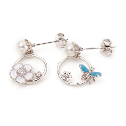 Platinum Brass Micro Pave Clear Cubic Zirconia Ear Studs, Asymmetrical Earrings, with Enamel, ABS Plastic Pearl, Ear Nuts and 925 Sterling Silver Pins, Ring, Flower & Butterfly, Platinum, 18~19.5mm, Pin: 0.7mm