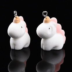 Единорог Подвески из флокированной смолы анима с платиновой железной петлей, единорог, 28~29x13.5x23 мм, отверстие : 2 мм