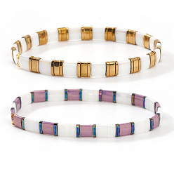 (52) Непрозрачная лаванда 2 Браслеты из богемского стеклянного бисера на резинке для женщин, прямоугольные, разноцветные, 6.30 дюйм (16 см) ~ 6.50 дюйм (16.5 см)