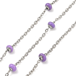Lilac 304 Stainless Steel Enamel Link Chains, Soldered, with Spool, Flat Round, Lilac, 2x1.5x0.5mm
