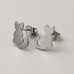 Stainless Steel Color 304 Stainless Steel Stud Earrings for Women, with Ear Nuts, Cat, Stainless Steel Color, 11.5x8.5mm, Pin: 0.6mm