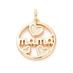 Настоящее золото 18K Латунные подвески ко дню матери, без кадмия, без никеля и без свинца, с целью перехода в кольце, Плоский круглый со словом мама, реальный 18 k позолоченный, 17x15.5x2 мм, отверстие : 3 мм