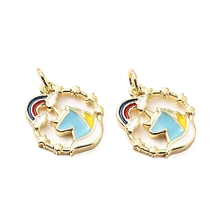 Единорог Латунь эмаль прелести, с прыжковых колец, стойки покрытие, реальный 18 k позолоченный, без свинца и без кадмия, долговечный, единорог, 15.5x14x2 мм, отверстие : 3.3 мм