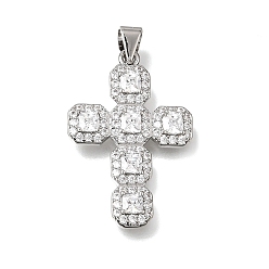 Platinum Brass Micro Pave Clear Cubic Zirconia Pendants, Polygon Cross Charms, Lead Free & Cadmium Free, Long-Lasting Plated, Rack Plating, Platinum, 28x19x3mm, Hole: 4x3mm