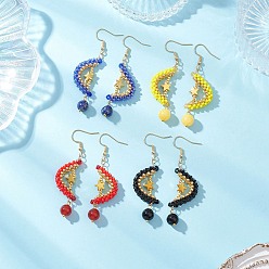 (52) Непрозрачная лаванда Натуральный камень смешанные болтаться серьги, луна, со стеклом, золотые, разноцветные, 62.5x17.5 мм