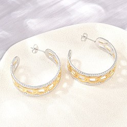 Golden & Stainless Steel Color 304 Stainless Steel Hollow Link Chain Stud Earrings for Women, Half Hoop Earrings, Ion Plating(IP), Golden & Stainless Steel Color, 34x11mm