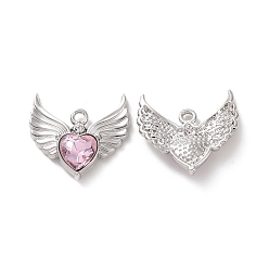 Pearl Pink Rack Plating Alloy Glass Pendants, Cadmium Free & Lead Free & Nickle Free, Platinum, Faceted Heart Charm with Wing, Pearl Pink, 20x22x4mm, Hole: 1.8mm