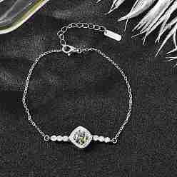 Платинированный 925 женские браслеты со звеньями из стерлингового серебра, ромб, с муассанитовым стразом, Реальная платина, 6-7/8 дюйм (17.6 см)