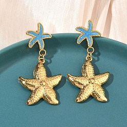 Синий Морская звезда 304 серьги-гвоздики с эмалью из нержавеющей стали, ионное покрытие (ip), долговечный, реальный 18 k позолоченный, синие, 50.5x25 мм