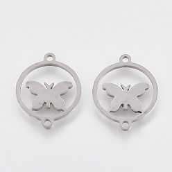 Stainless Steel Color Tarnish Resistant 201 Stainless Steel Links connectors, Laser Cut Links, Flat Round with Butterfly, Stainless Steel Color, 19x15x1mm, Hole: 1mm