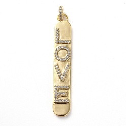 Golden Brass Micro Pave Cubic Zirconia Pendants, with Soldered Jump Rings, Rectangle with Word LOVE, Clear, Golden, 55x9x2.5mm, Hole: 4.5mm