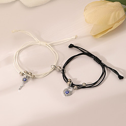 Evil Eye Браслеты из сплава со стразами и вощеным шнуром с подвесками, регулируемый комплект одинаковых браслетов, белый и черный, сглаз с ключом и сердцем, 4.92 дюйм (12.5 см)