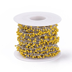 Желтый Ручной цепи эмаль бисера, с латунной обуздать цепей, пайки, с катушкой, долговечный, Реальная платина, желтые, 5.5x1.5~2 мм, около 32.8 футов (10 м) / рулон