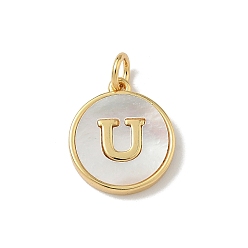 Letter U Латунный паве натуральный ракушка плоский круглый с буквенными подвесками, реальный 18 k позолоченный, долговечный, без свинца и без кадмия, стойки покрытие, цвет морской раковины, Буква U, 15x13x2 мм, отверстие : 3 мм