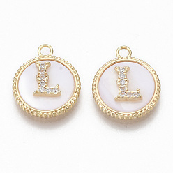 Letter L Brass Micro Pave Cubic Zirconia Pendants, with Shell, Flat Round with Letter, Nickel Free, Clear, Creamy White, Real 18K Gold Plated, Letter.L, 17x14x4mm, Hole: 1.8mm