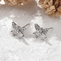 Платина Серьги-гвоздики из латунного микро-паве, без свинца и без кадмия, долговечный, стойки покрытие, бабочка, платина, 8x11 мм