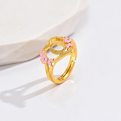 Letter O Регулируемые кольца для пальцев с латунным жемчугом и розовой эмалью в форме сердца и цветка, без кадмия, без никеля и без свинца, золотые, Письмо O, 14 мм, внутренний диаметр: 17 мм