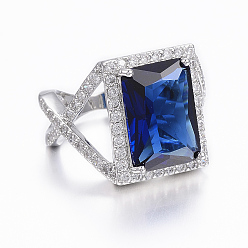 Midnight Blue Trendy Brass Micro Pave Cubic Zirconia Finger Rings, Rectangle, Platinum, Mixed Size, Midnight Blue, Size 6~10(16~20mm)