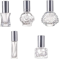 Clear Glass Spray Bottle Sets, with Aluminium Sprinkle-nozzle and Cap, Clear, 60~86x18~44x18~31mm, Capacity: 6ml & 8ml & 10ml & 12ml & 15ml, 5pcs/set