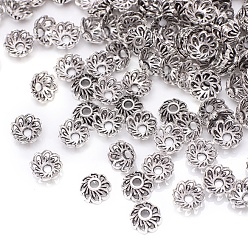 Antique Silver Tibetan Style Alloy Bead Caps, Multi-Petal Flower, Antique Silver, 9x8.5mm